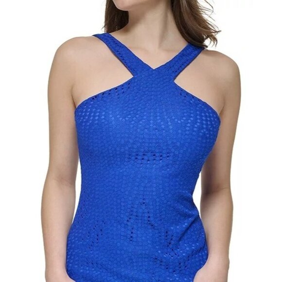 138$ GUESS Fringe-Lace Midi Sheath Bodycon Cocktail Dress Size 8 Royal Blue - Picture 2 of 3